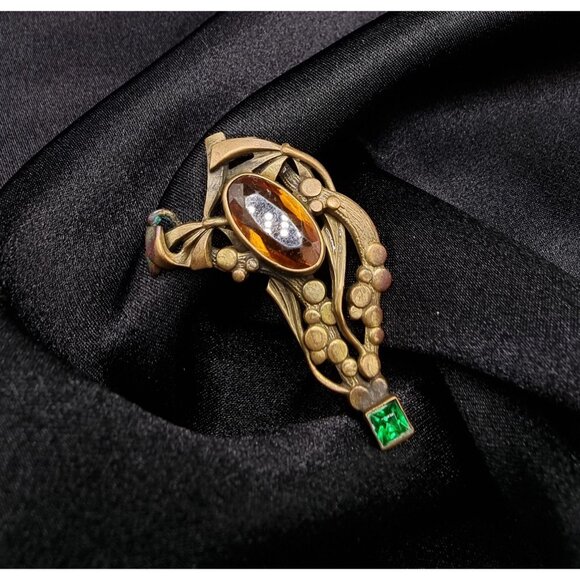 Rare Find Antique Art Nouveau Brass Brooch W/ Amber & Green Glass Gemstones - Picture 3 of 5